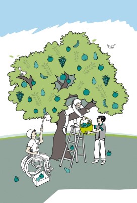 tandem-Illustration 3 Menschen ernten Früchte von einem Baum